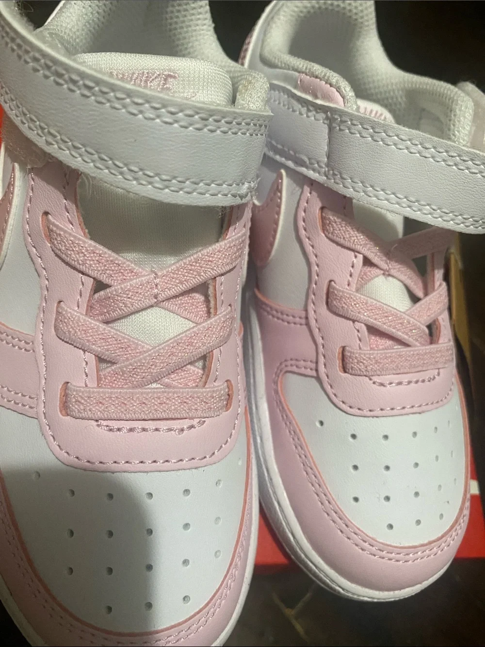 Nike Kids White and Light Pink Velcro Sneakers with Iridescent Swoosh